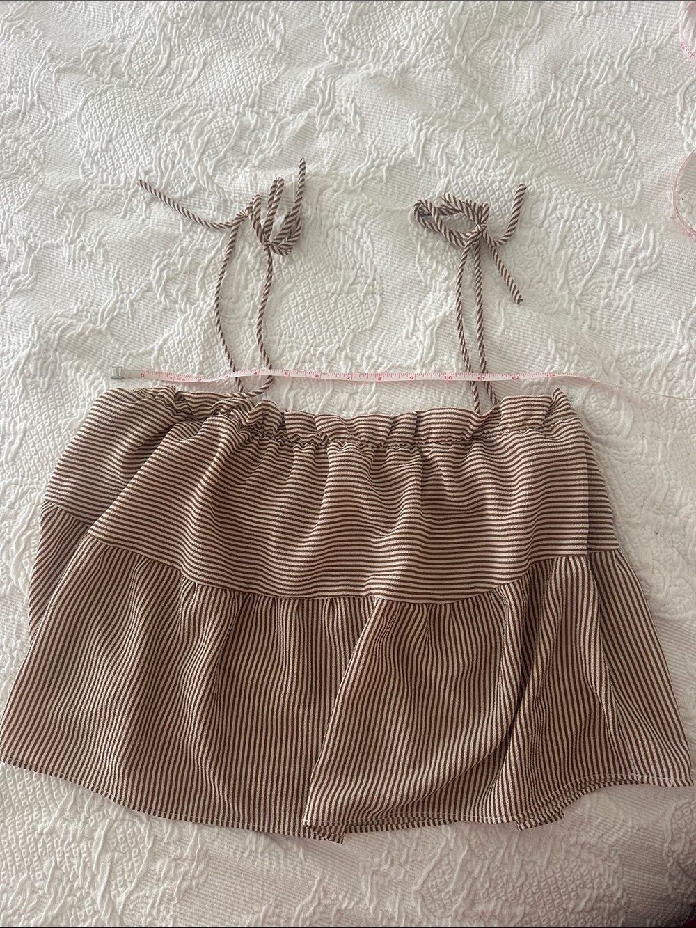 La Hearts Striped Tie-Shoulder Tiered Crop Top - Brown/White